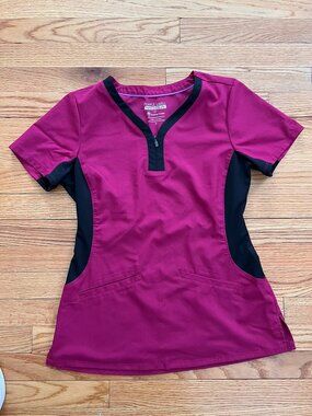 Healing Hands Purple Label Yoga Scrub Top | Women’s Small | Berry Pink & Black
